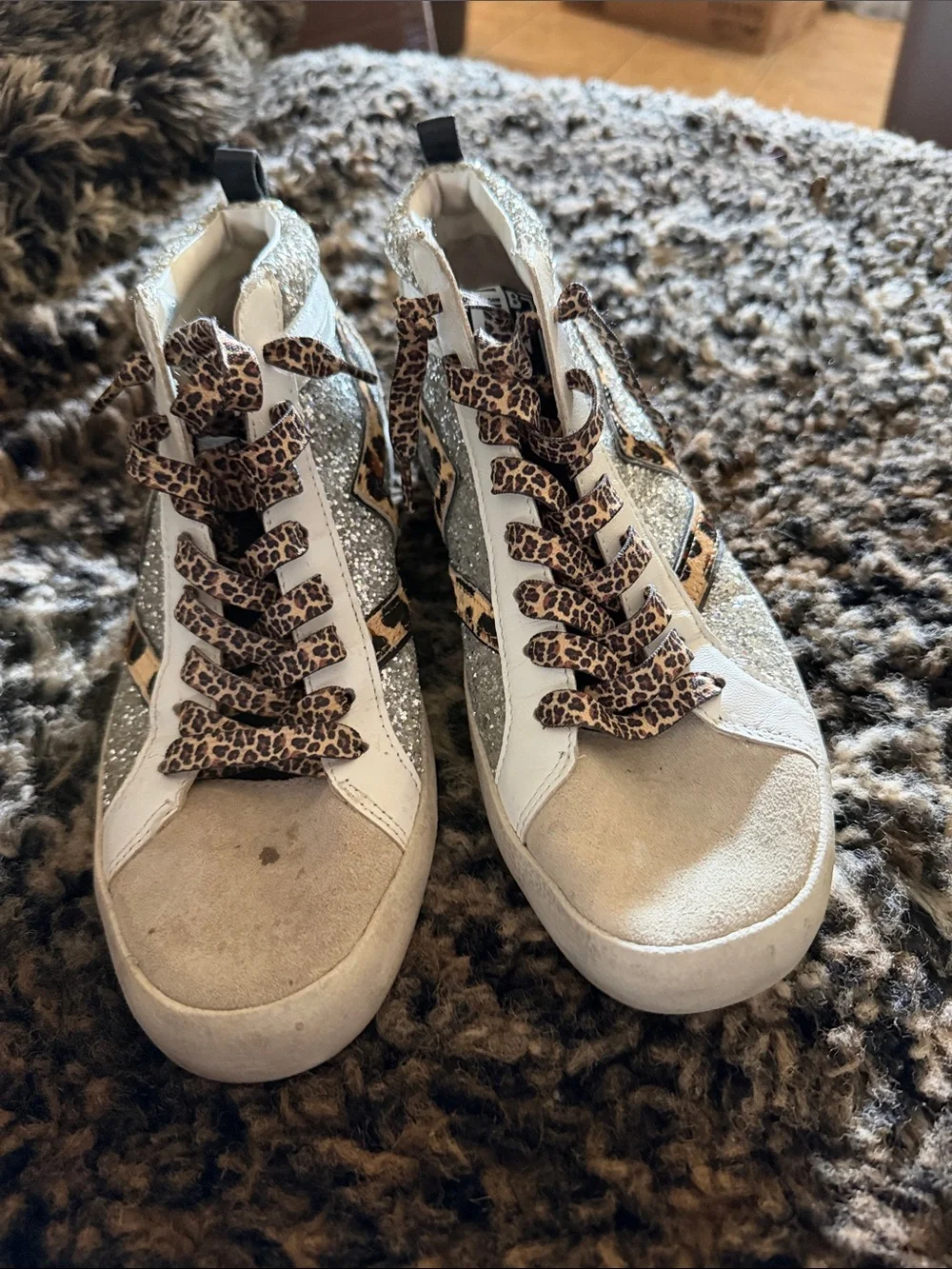 Gianni Bini Silver Glitter Sneakers with Leopard Trim